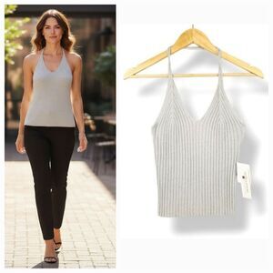 NEW Vintage 90's Y2K Spiegel Silver Metallic Rib Knit Crisscross Tank Size Small